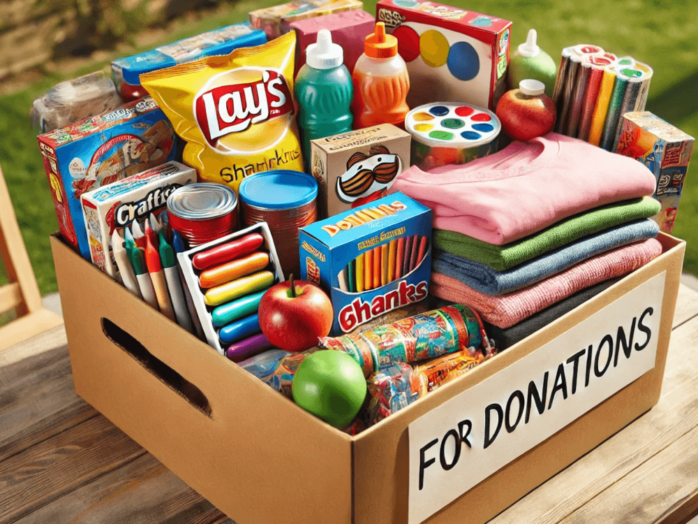 A box of donations on a table.