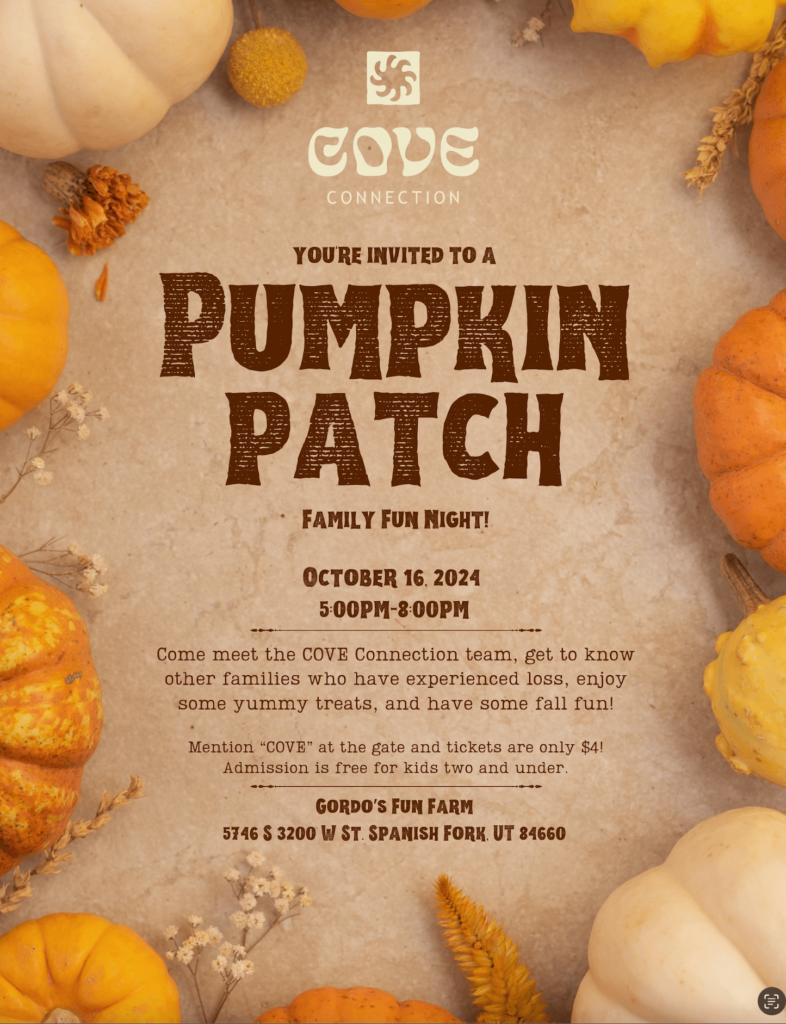 A digital flyer bordered with different colored pumpkins. We invite youn to join COVE Connection at Gordo"s Fun Farm in Spanish Fork from 5 to 8 pm. 